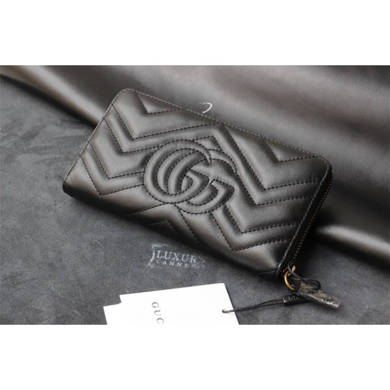 Gucci GG Marmont Wallet, Zipper Closure, Long, Black, Gold Hardware, Size: 19x9x3cm, Model: 443436