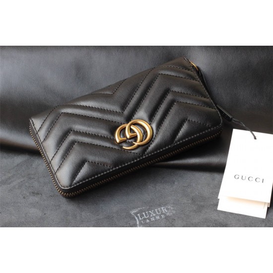 Gucci GG Marmont Wallet, Zipper Closure, Long, Black, Gold Hardware, Size: 19x9x3cm, Model: 443436