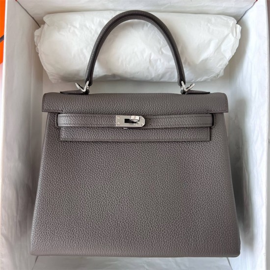 Hermes Hermès Kelly 25cm Togo 8F Tin Grey Waxed Thread Silver Hardware Hand-Stitched