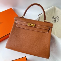 Hermes Hermès Kelly 28cm Togo Ck.37 Golden Brown Waxed Thread Gold Hardware Hand-Stitched