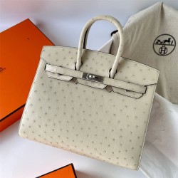 Hermes Hermès Birkin 25cm Sellier External Stitching Kk Ostrich Waxed Thread 3C Lamb White Silver Hardware Ostrich Leather Out of Stock Hand-Stitched