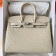 Hermes Hermès Birkin 25cm Sellier External Stitching Kk Ostrich Waxed Thread 3C Lamb White Silver Hardware Ostrich Leather Out of Stock Hand-Stitched