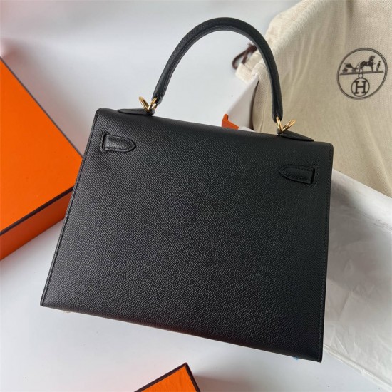 Hermes Hermès Kelly 25cm Epsom Ck89 Black Waxed Thread Gold Hardware Hand-Stitched