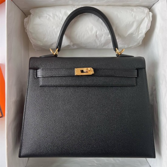 Hermes Hermès Kelly 25cm Epsom Ck89 Black Waxed Thread Gold Hardware Hand-Stitched