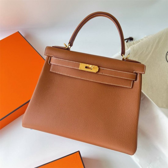 Hermes Hermès Kelly 28cm Togo Ck37 Golden Brown Waxed Thread Gold Hardware Hand-Stitched