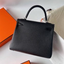 Hermes Hermès Kelly 25cm Touch Swift Imported Plain Leather Lizard Patch Black Waxed Thread Black Silver Hardware Out of Stock Hand-Stitched