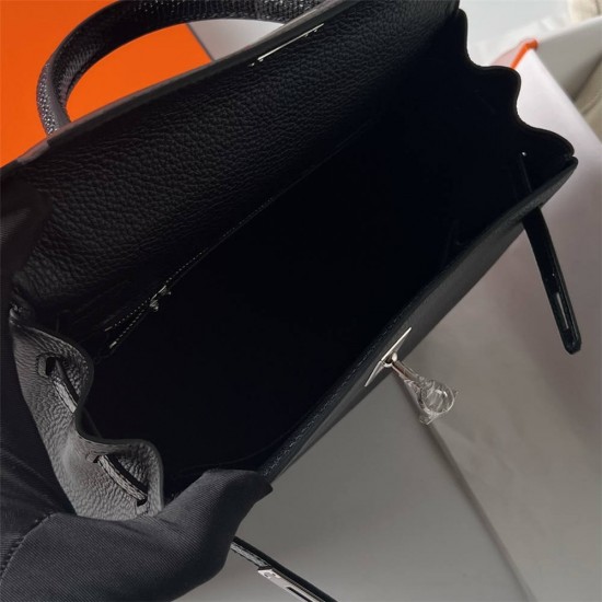 Hermes Hermès Kelly 25cm Touch Swift Imported Plain Leather Lizard Patch Black Waxed Thread Black Silver Hardware Out of Stock Hand-Stitched