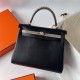 Hermes Hermès Kelly 25cm Touch Swift Imported Plain Leather Lizard Patch Black Waxed Thread Black Silver Hardware Out of Stock Hand-Stitched