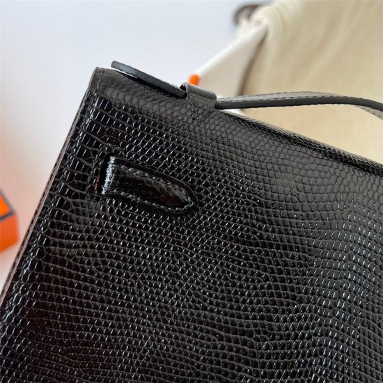 Hermes Hermès Mini Kelly 22cm Lizard Imported Lizard Leather Ck89 Black Waxed Thread Silver Hardware Out of Stock Hand-Stitched