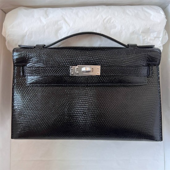 Hermes Hermès Mini Kelly 22cm Lizard Imported Lizard Leather Ck89 Black Waxed Thread Silver Hardware Out of Stock Hand-Stitched