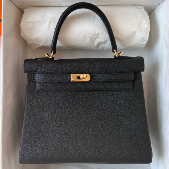 Hermes Hermès Kelly 25cm Togo Ck89 Black Waxed Thread Gold Hardware Hand-Stitched