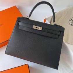 Hermes Hermès Kelly 25cm Epsom Ck89 Black Waxed Thread Silver Hardware Hand-Stitched