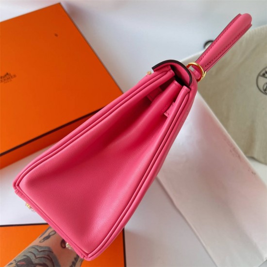 Hermes Hermès Kelly 25cm Swift Imported Plain Leather 8W New Lipstick Pink Waxed Thread Gold Hardware Hand-Stitched