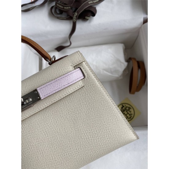 Hermes Hermès Mini Kelly 19cm Imported Epsom Leather Milk White with Dreamy Pink Purple and Golden Brown Accents Silver Hardware Hand-Stitched