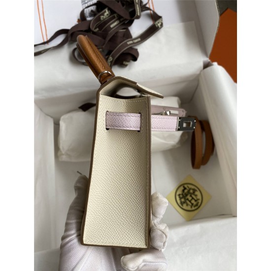 Hermes Hermès Mini Kelly 19cm Imported Epsom Leather Milk White with Dreamy Pink Purple and Golden Brown Accents Silver Hardware Hand-Stitched