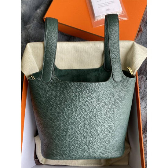 Hermes Hermès Picotin 18 Taurillon Clemence 6O Cypress Green Gold Hardware Hand-Stitched