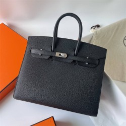 Hermes Hermès Birkin 25cm Sellier External Stitching Epsom Ck89 Black Hand-Stitched Silver Hardware Hand-Stitched