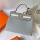 Hermes Hermès Kelly 28cm Epsom 8U Glacier Blue with I2 Cream White Waxed Thread Satin Gold Hardware Hand-Stitched