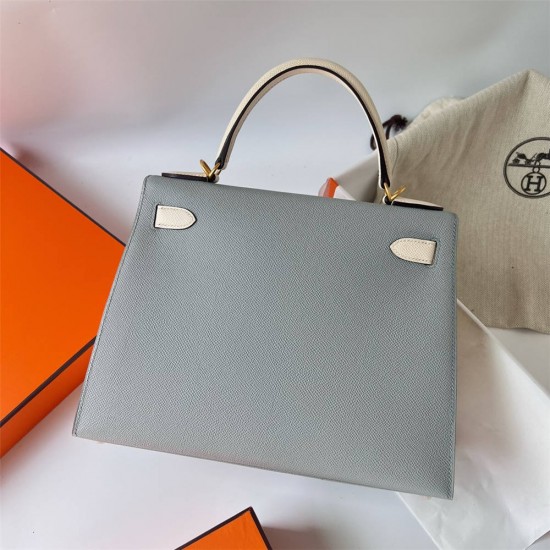 Hermes Hermès Kelly 28cm Epsom 8U Glacier Blue with I2 Cream White Waxed Thread Satin Gold Hardware Hand-Stitched