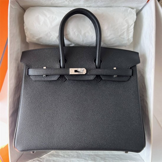 Hermes Hermès Birkin 25cm Epsom Ck89 Black Waxed Thread Silver Hardware Hand-Stitched