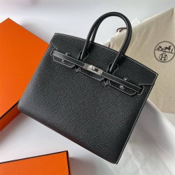 Hermes Hermès Birkin 25cm Sellier External Stitching Epsom Ck89 Black Waxed Thread Silver Hardware Hand-Stitched