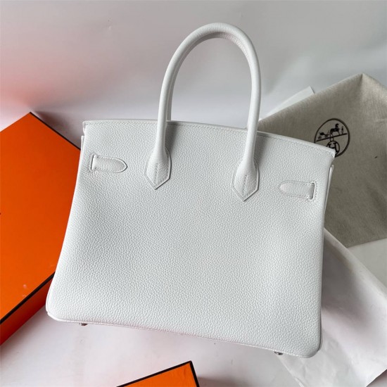 Hermes Hermès Birkin 30cm Togo 01 Pure White Waxed Thread Silver Hardware Hand-Stitched