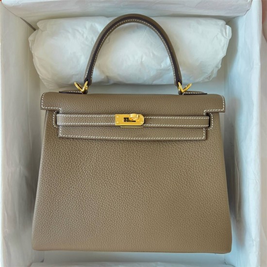 Hermes Hermès Kelly 25cm Togo Ck18 Elephant Grey Waxed Thread Gold Hardware Hand-Stitched