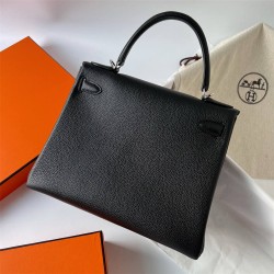 Hermes Hermès Kelly 25cm Togo Ck89 Black Waxed Thread Silver Hardware Hand-Stitched