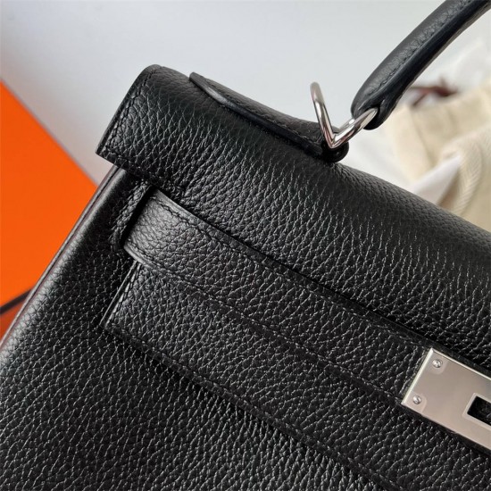 Hermes Hermès Kelly 25cm Togo Ck89 Black Waxed Thread Silver Hardware Hand-Stitched