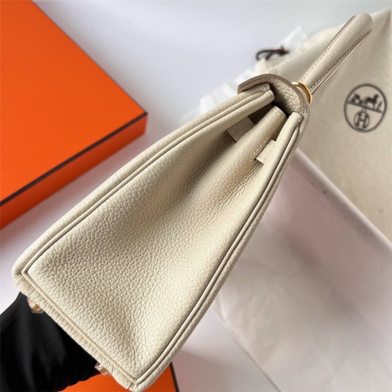 Hermes Hermès Kelly 25cm Togo Ck10 Milk White Waxed Thread Gold Hardware Hand-Stitched