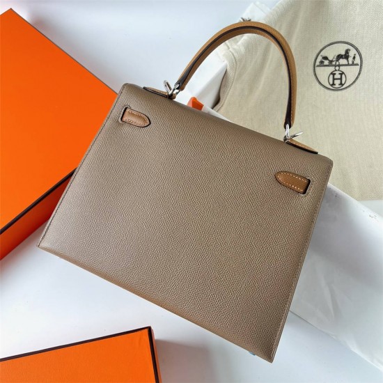 Hermes Hermès Kelly 25cm Triple Color Ck18 Elephant Grey/3G Chestnut/2S Sesame Waxed Thread Silver Hardware Hand-Stitched