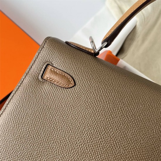 Hermes Hermès Kelly 25cm Triple Color Ck18 Elephant Grey/3G Chestnut/2S Sesame Waxed Thread Silver Hardware Hand-Stitched