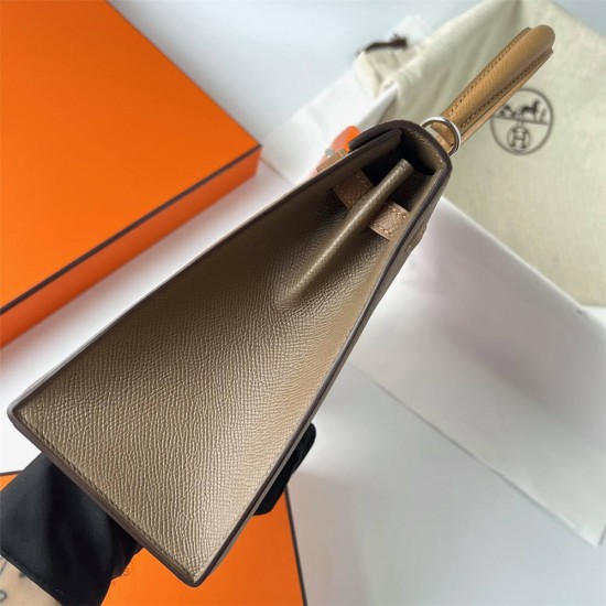 Hermes Hermès Kelly 25cm Triple Color Ck18 Elephant Grey/3G Chestnut/2S Sesame Waxed Thread Silver Hardware Hand-Stitched