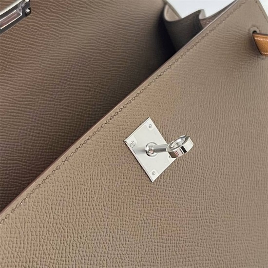 Hermes Hermès Kelly 25cm Triple Color Ck18 Elephant Grey/3G Chestnut/2S Sesame Waxed Thread Silver Hardware Hand-Stitched