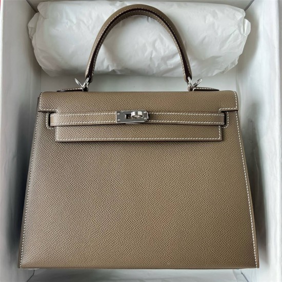 Hermes Hermès Kelly 25cm Epsom Ck18 Elephant Grey Waxed Thread Silver Hardware Hand-Stitched