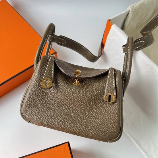 Hermes Hermès Mini Lindy 20cm Clemence Original Factory Leather Ck18 Elephant Grey Waxed Thread Gold Hardware Hand-Stitched