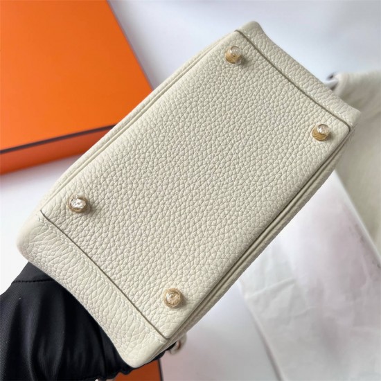 Hermes Hermès Mini Lindy 20cm Clemence Original Factory Top-Grade Cowhide Ck10 Milk White Waxed Thread Gold Hardware Hand-Stitched