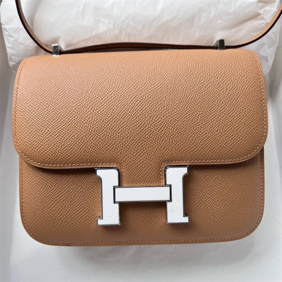 Hermes Hermès Constance 19cm Epsom Waxed Thread 0M Milk Tea Brown White Enamel Buckle Hand-Stitched