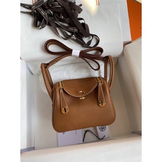 Hermes Hermès Mini Lindy 19cm Imported Taurillon Clemence Leather Gold Brown Gold Hardware Hand-Stitched