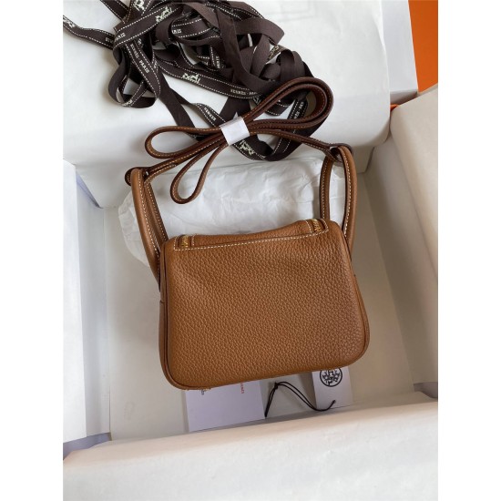 Hermes Hermès Mini Lindy 19cm Imported Taurillon Clemence Leather Gold Brown Gold Hardware Hand-Stitched