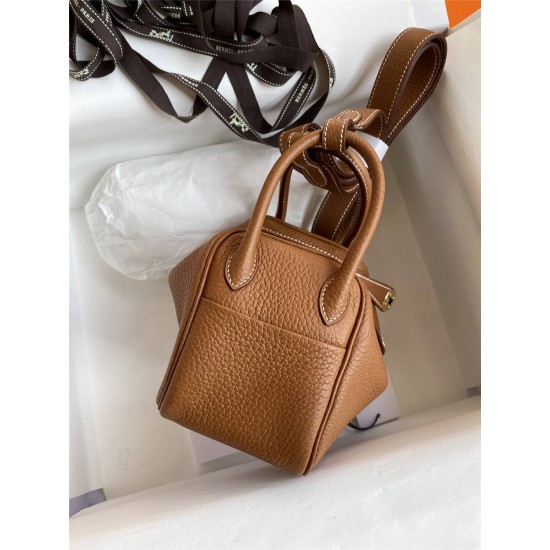 Hermes Hermès Mini Lindy 19cm Imported Taurillon Clemence Leather Gold Brown Gold Hardware Hand-Stitched