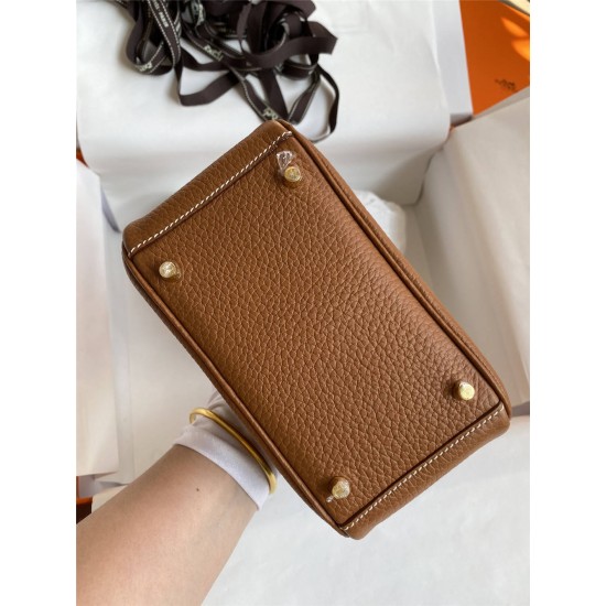 Hermes Hermès Mini Lindy 19cm Imported Taurillon Clemence Leather Gold Brown Gold Hardware Hand-Stitched