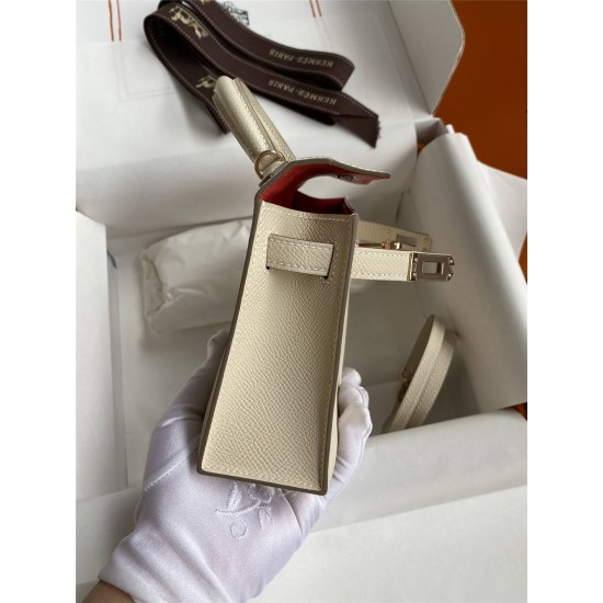 Hermes Hermès Mini Kelly 19cm Imported Epsom Leather Milk Tea Brown Inner Stitching Heart Red Rose Gold Hardware Hand-Stitched