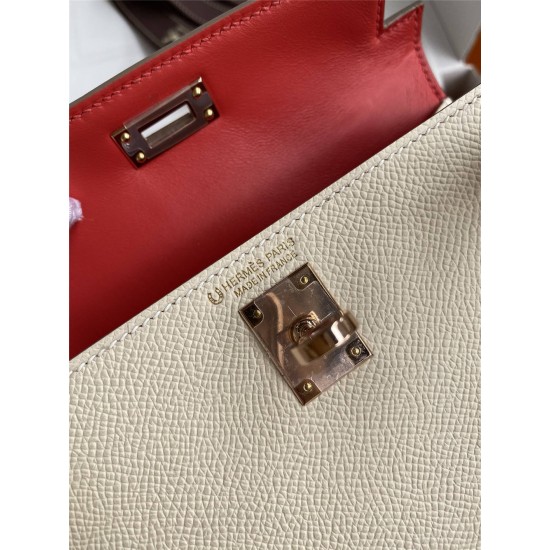 Hermes Hermès Mini Kelly 19cm Imported Epsom Leather Milk Tea Brown Inner Stitching Heart Red Rose Gold Hardware Hand-Stitched