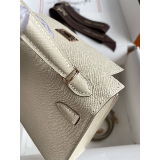 Hermes Hermès Mini Kelly 19cm Imported Epsom Leather Milk Tea Brown Inner Stitching Heart Red Rose Gold Hardware Hand-Stitched