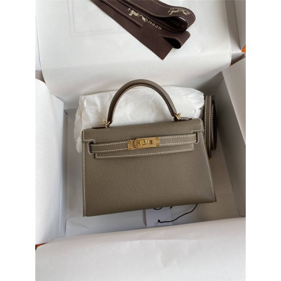 Hermes Hermès Mini Kelly 19cm Imported Epsom Leather Elephant Grey Inner Stitching Milk Tea Pink Gold Hardware Hand-Stitched