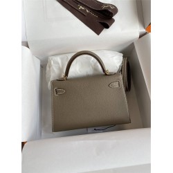 Hermes Hermès Mini Kelly 19cm Imported Epsom Leather Elephant Grey Inner Stitching Milk Tea Pink Gold Hardware Hand-Stitched