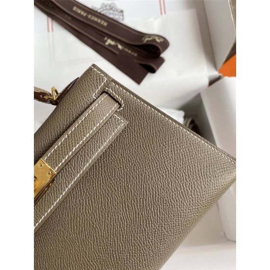 Hermes Hermès Mini Kelly 19cm Imported Epsom Leather Elephant Grey Inner Stitching Milk Tea Pink Gold Hardware Hand-Stitched