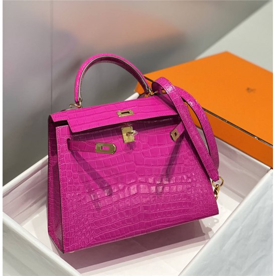 Hermes Hermès Kelly 28 Arabian Nights Purple Crocodile Skin Pattern Inner Layer Sheepskin Hand-Stitched Hand-Stitched