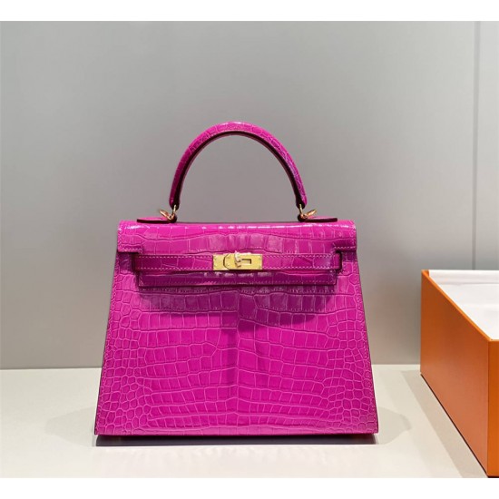 Hermes Hermès Kelly 28 Arabian Nights Purple Crocodile Skin Pattern Inner Layer Sheepskin Hand-Stitched Hand-Stitched